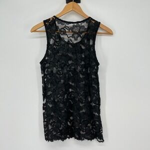 Vintage Black Lace Sheer Beaded Tank Top Size S Party Witchy Whimsigoth Glam‎